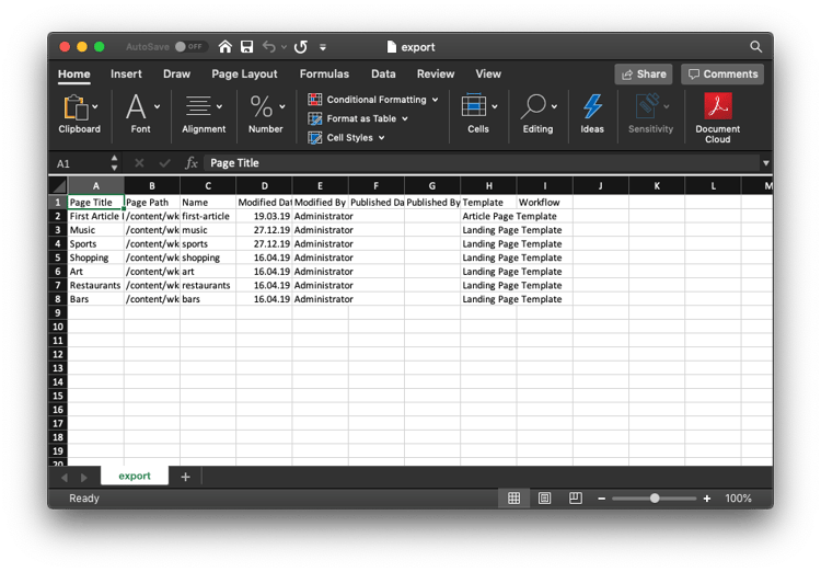 Resulterende uitvoer CSV in Excel