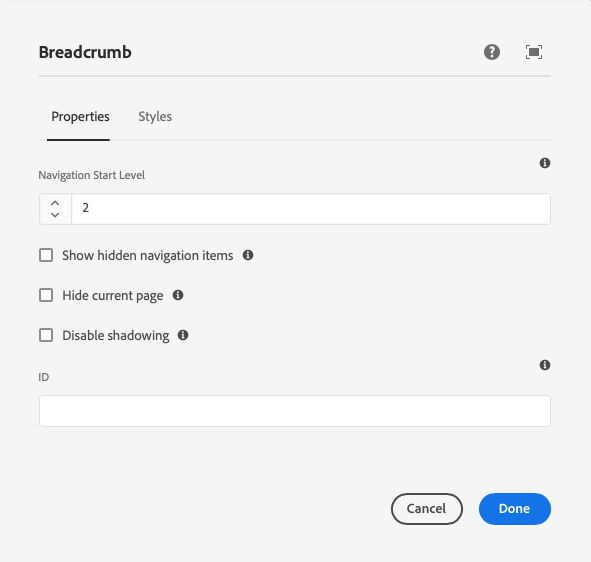 de component Breadcrumb geeft dialoog uit