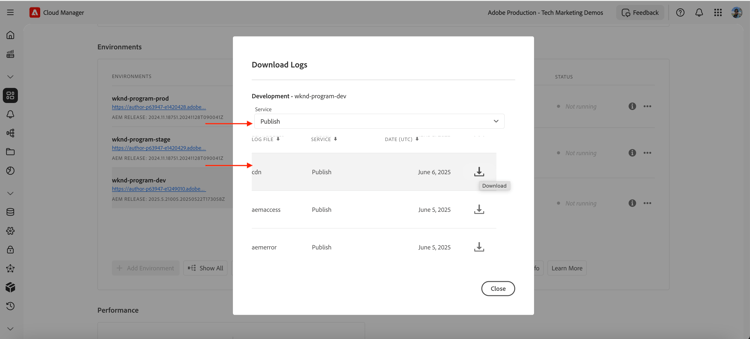 Cloud Manager CDN Logs Downloads