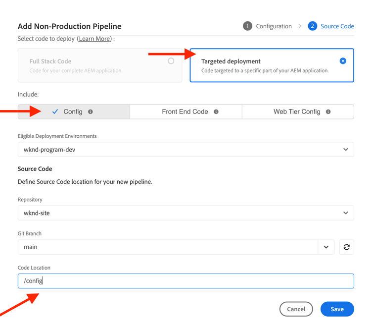 Cloud Manager Config de dialoog van de Pijpleiding