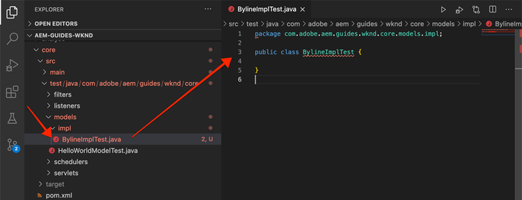 creeer een nieuw BylineImplTest.java- dossier