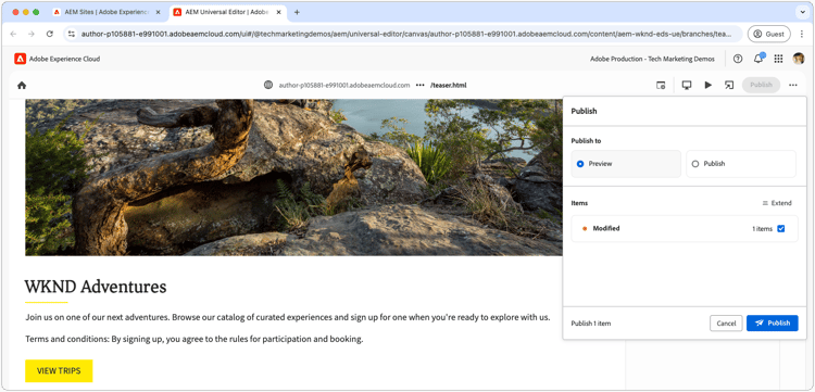 AEM Sites - publiceer of Voorproef