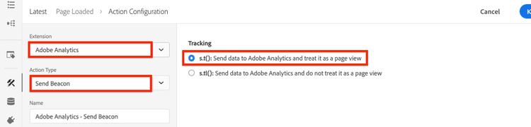 verzendt de actie van Adobe Analytics Beacon