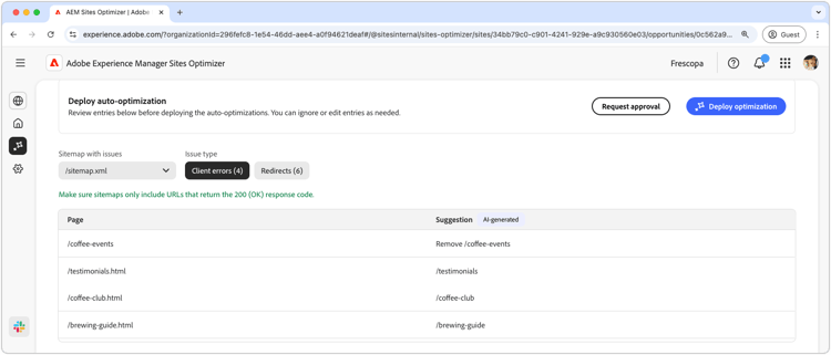 ​ auto-identificeer sitemap cliëntfouten ​