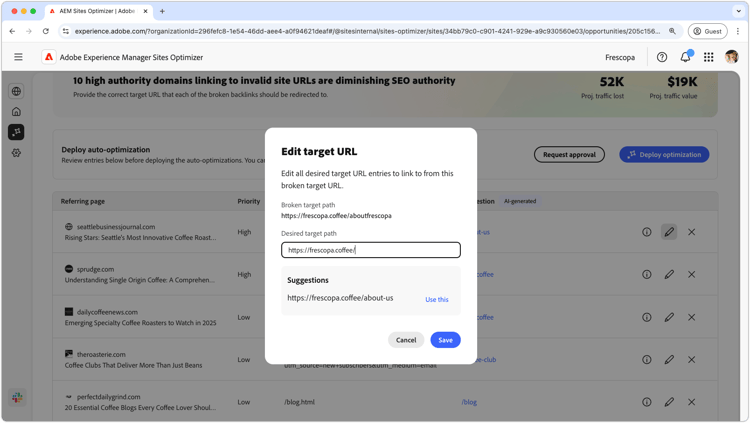 ​ geeft gesuggereerde URL van gebroken backlinks uit ​