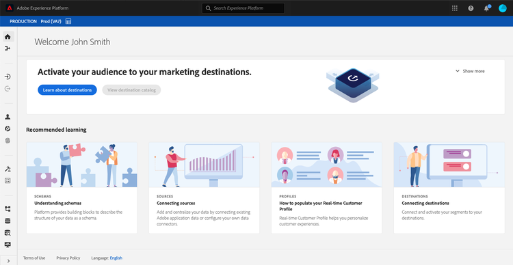 De homepage van de gebruikersinterface van Adobe Experience Platform.