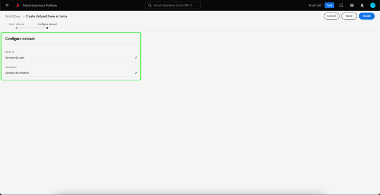 De details van de configuratie van de dataset worden opgenomen. Dit omvat details zoals de naam en beschrijving van de dataset.