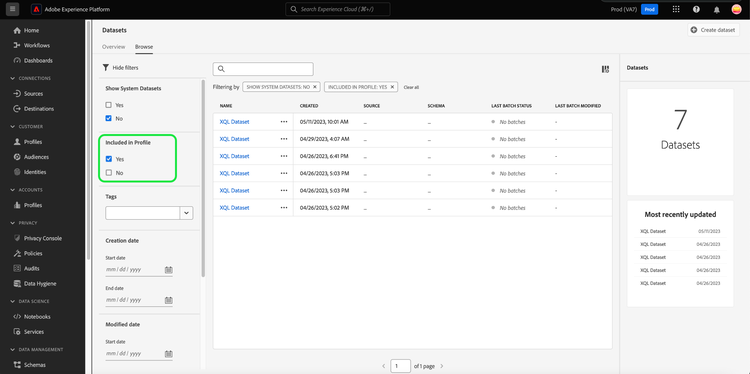 De filteropties van de werkruimte Datasets met de Included in Profile gemarkeerd.