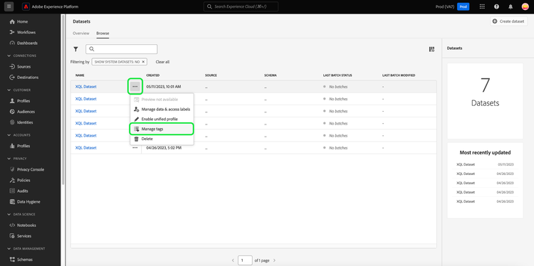 Het Browse lusje van de werkruimte van Datasets met de ellips en de Manage markeringsoptie die voor de gekozen dataset wordt benadrukt.