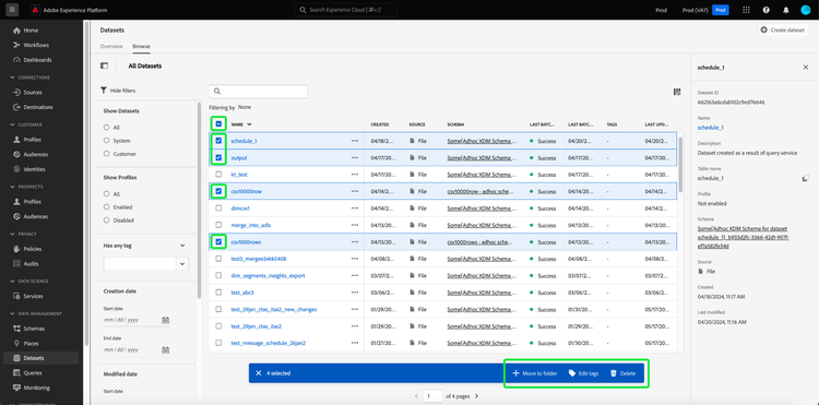 De Datasets doorbladeren lusje met talrijke geselecteerde datasets en de bulk benadrukte actiebar.