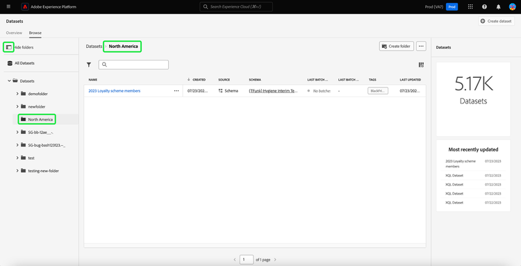 De Datasets dashboards met de getoonde de de omslagstructuur van datasets, het pictogram van showomslagen, en een geselecteerde benadrukte omslag.