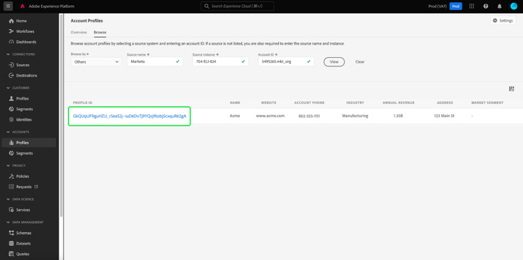 De Profielen van de Rekening doorbladeren lusje met getoonde resultaten en benadrukte identiteitskaart van het Profiel.