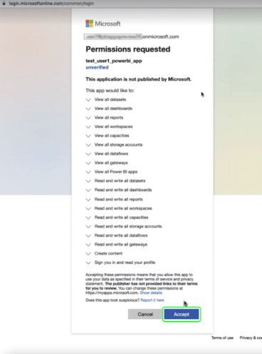 het verzoek van toestemmingen voor de toepassing van Power BI.