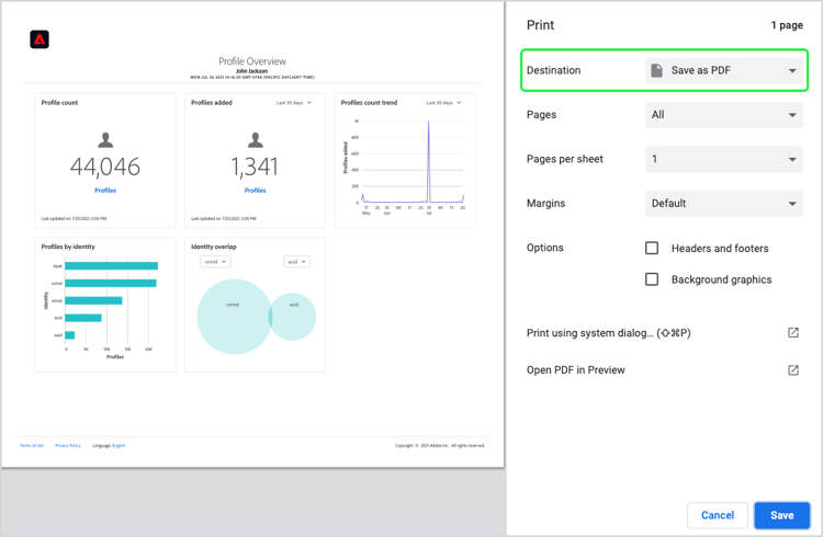 het overzicht van het Profiel dat op één enkele paginaformaat met het drop-down van de Bestemming wordt getoond sparen als benadrukte de drukoptie van PDF.