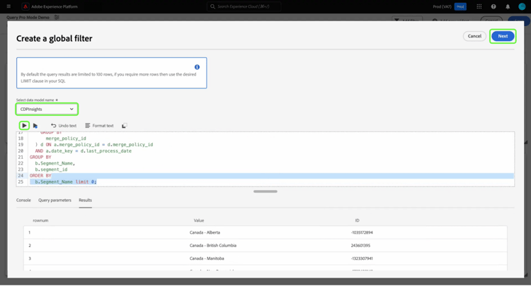 Create a global filter dialog met het dataset dropdown menu, het looppaspictogram en daarna benadrukte.