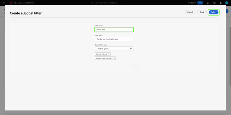 Create a global filter dialog met Uitgezocht en de benadrukte het etikettekstinput van de Filter.