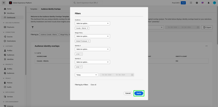 de dialoog van Filters op het Dashboard van de Identiteit van het publiek met Toepassen benadrukte.