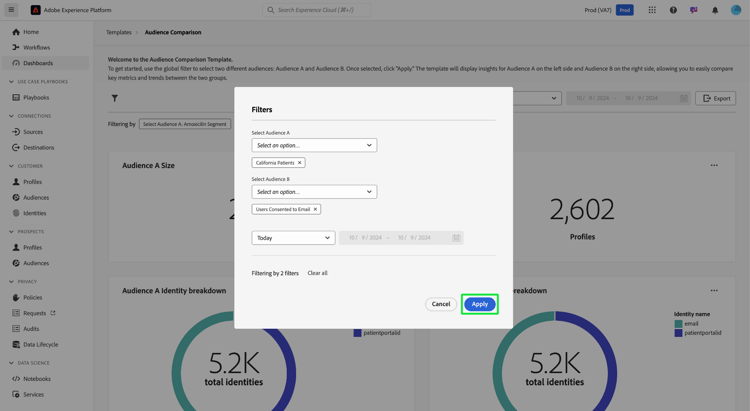 de dialoog van Filters op het de vergelijkingsdashboard van het Publiek met benadrukt van toepassing.