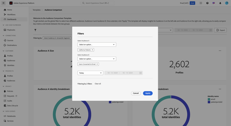 de dialoog van Filters op het de vergelijkingsdashboard van het Publiek.