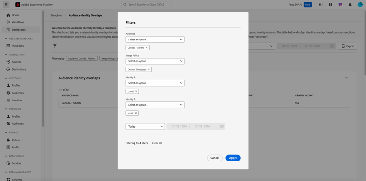 de dialoog van Filters op het Dashboard van de Identiteit van het Publiek.