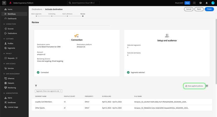 De knop Toegepast beleid weergeven in de doelworkflow voor activeren