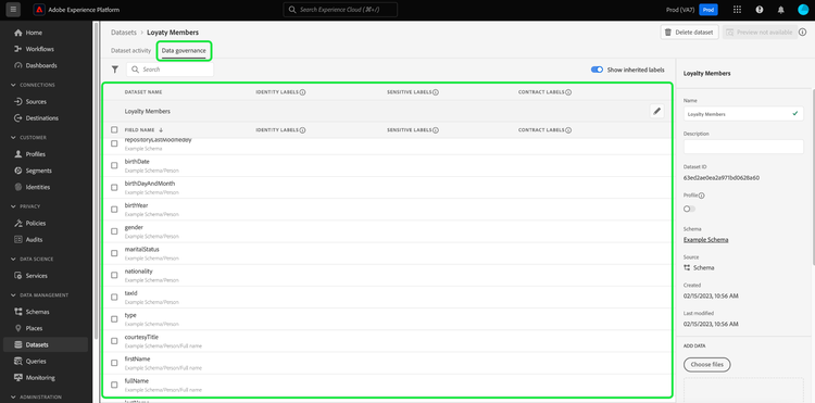 De Data Governance tabblad van het Datasets werkruimte met gegevensbeheer gemarkeerd.