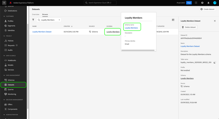 Beeld dat een verbinding aan het schema van een dataset toont