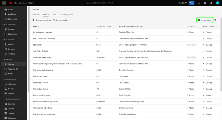 Afbeelding die de Create policy knop die wordt geselecteerd in de gebruikersinterface