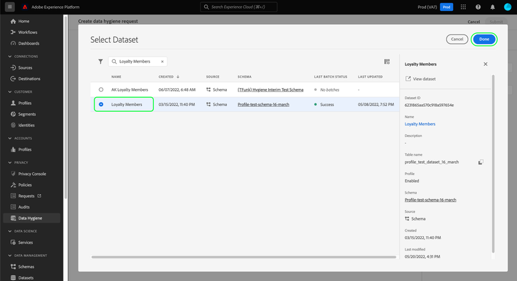 De Select dataset dialoog met een geselecteerde dataset en Done gemarkeerd.