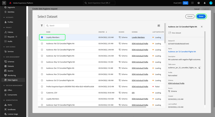 De Select dataset dialoog met een geselecteerde dataset en Done gemarkeerd.