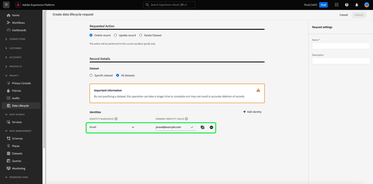 De workflow voor het maken van een aanvraag waaraan handmatig een identiteitsveld is toegevoegd.