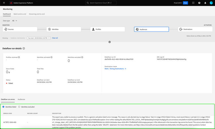 het dashboard van de activeringstaak. De informatie over de identiteiten die ontbrak of werd uitgesloten wordt benadrukt.