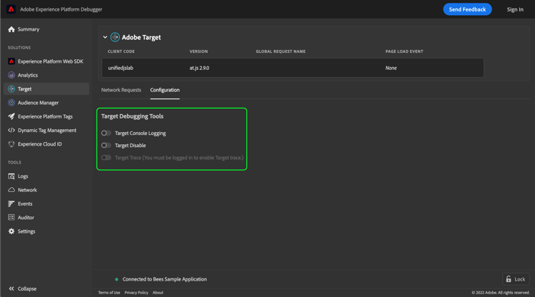 de Configuration Requests sectie voor Doel binnen Debugger van Experience Platform wordt geselecteerd