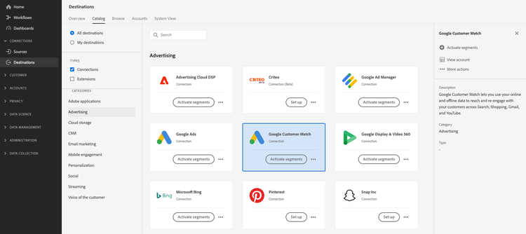 Google Customer Match-bestemming in de gebruikersinterface van Adobe Experience Platform.