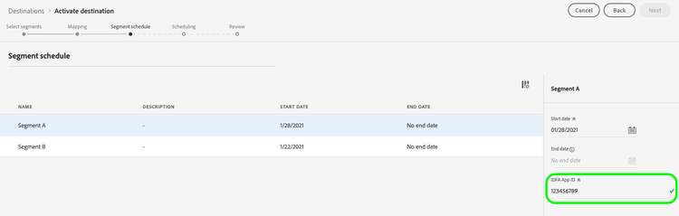 Het veld Google Customer Match App ID wordt gemarkeerd in de stap voor segmentplanning van de activeringsworkflow.