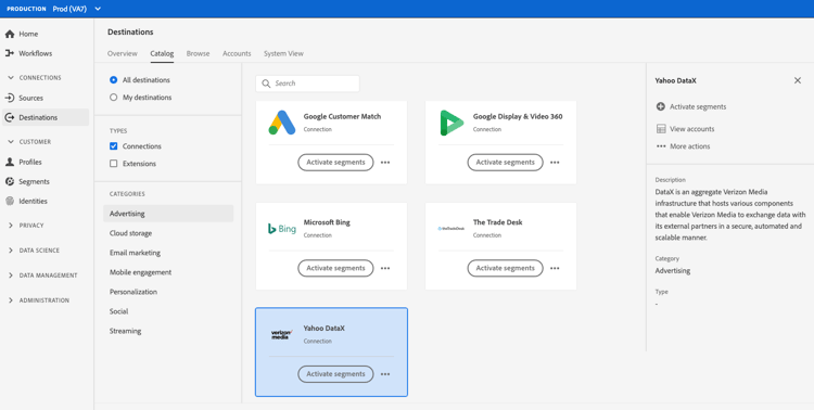 Yahoo DataX bestemmingskaart in Experience Platform UI