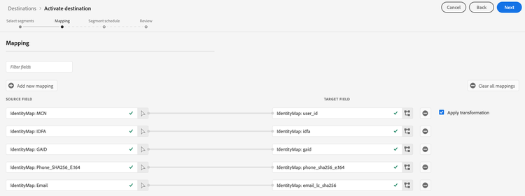 Identiteitstoewijzing tussen bron- en doelvelden die wordt weergegeven in de stap Toewijzing van de activeringsworkflow.