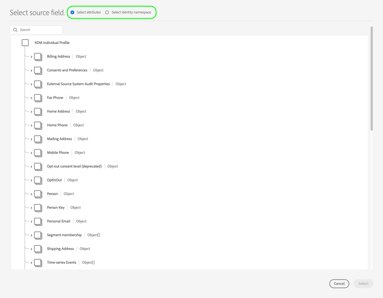 het schermschot van Experience Platform UI die het scherm van de bronToewijzing toont.