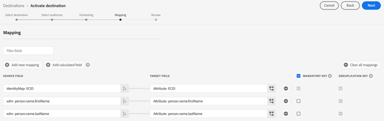 Experience Platform gebruikersinterfacebeeld dat het kaartscherm voor de bestemming van Snowflake toont.