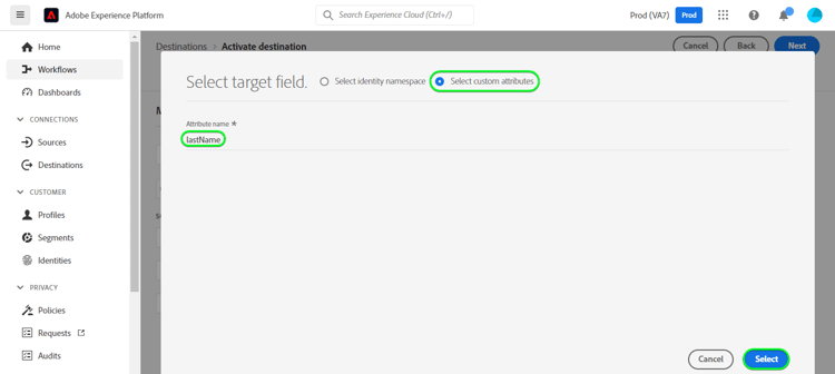 het schermschot van Experience Platform UI die afbeelding van het Doel gebruikend LastName toont.
