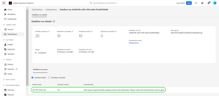 het schermschot van Experience Platform UI die Onjuiste verzoekfout toont.