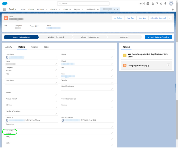 Salesforce CRM-schermafbeelding met de pagina Details van lead en bijgewerkte publieksstatus.