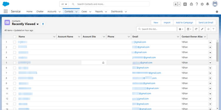 De het schermschot van CRM van Salesforce die de pagina van Contacten met de profielen van het segment toont.