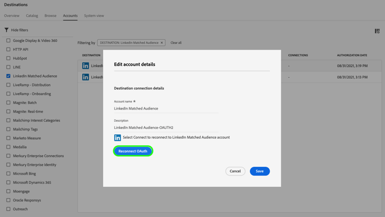 Modal venster met Opnieuw verbinden optie OAuth