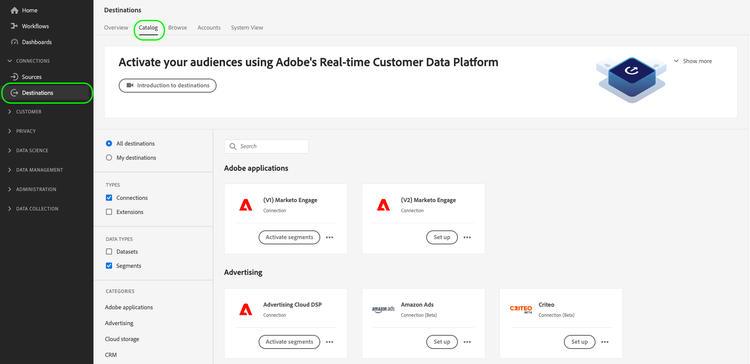 het lusje van de Catalogus van de Bestemming dat in het Experience Platform UI wordt benadrukt.