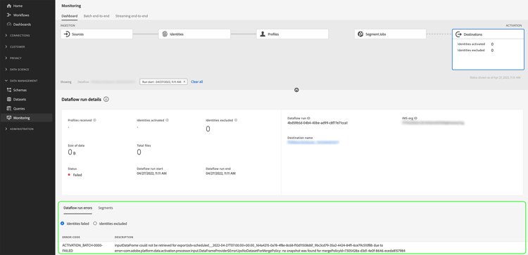 beeld UI die de dataflow looppas detailpagina toont, met een hoogtepunt op de foutensectie.