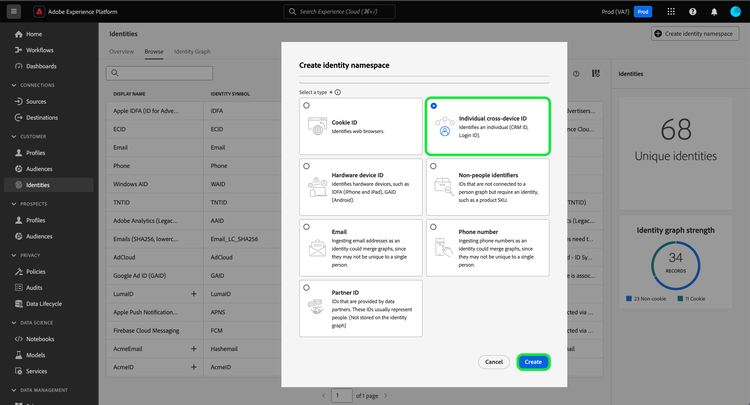 Een selectie van identiteitstypen die u kunt kiezen uit en toewijzen aan uw aangepaste naamruimte voor identiteiten.