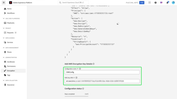 de werkruimte van de Configuratie van de Encryptie van Experience Platform met de naam van de Configuratie en KMS zeer belangrijke ARN die in Add wordt benadrukt de zeer belangrijke sectie van de Gegevens van de encryptie van AWS.