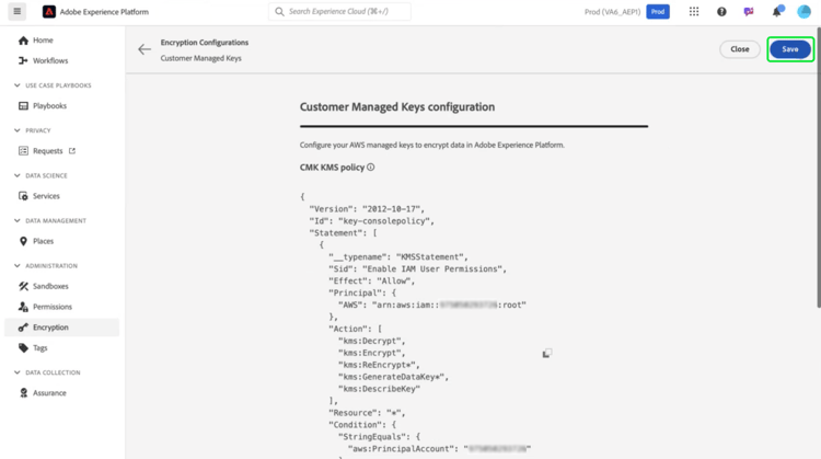 de werkruimte van de Configuratie van de Encryptie van Experience Platform met sparen benadrukt.