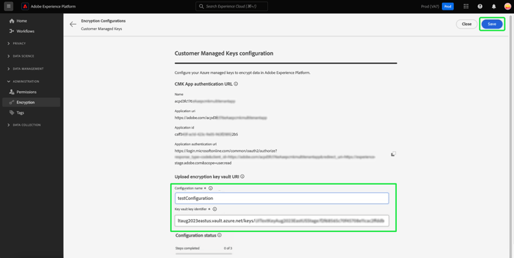 de Customer Managed Keys configuration mening met Configuration name en Key vault key identifier benadrukte secties.